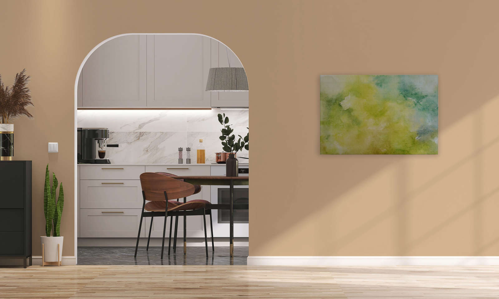             Watercolours 3 - Grünes Wasserfarben Motiv als Leinwandbild in naturleinen Optik – 0,90 m x 0,60 m
        