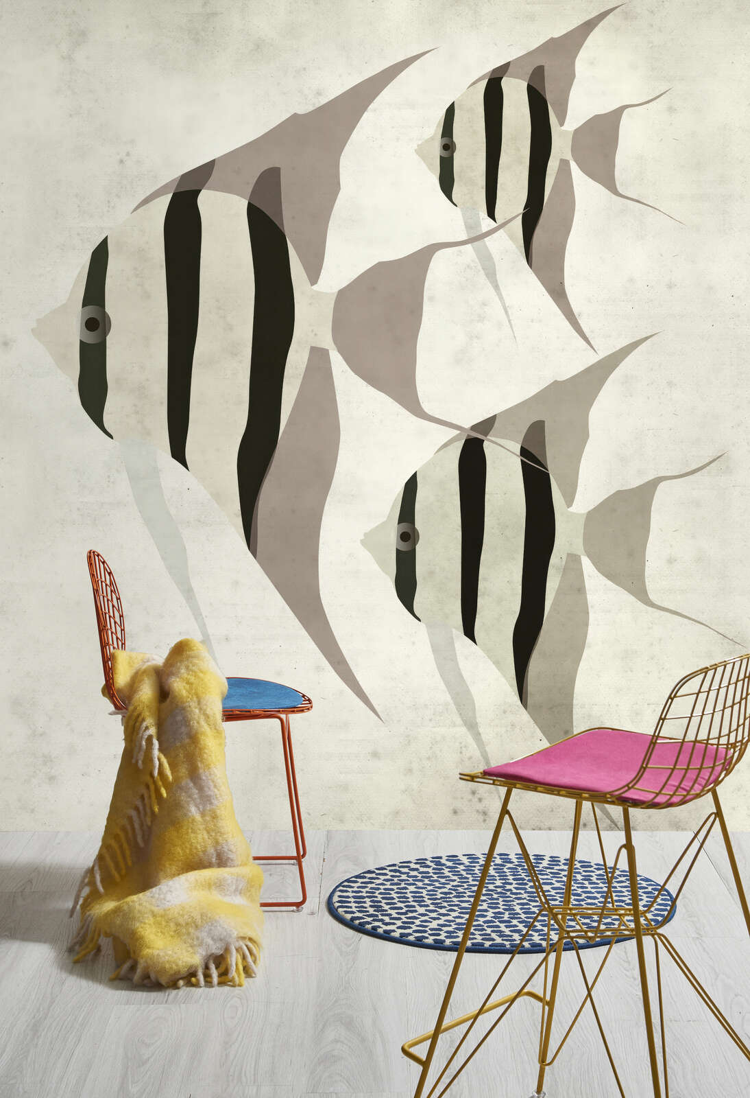 abstrakte lounge, moderne wandkunst, fischmuster, -stuhl-set, bereichs-teppich