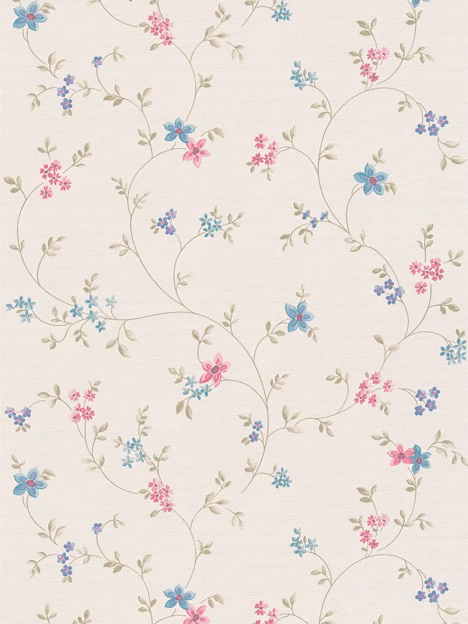         Non-woven wallpaper with floral tendrils - cream, green, pink
    
