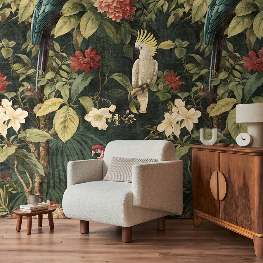 Parrot mural, Tropical wallpaper, Living room decor, Armchair, Wooden sideboard