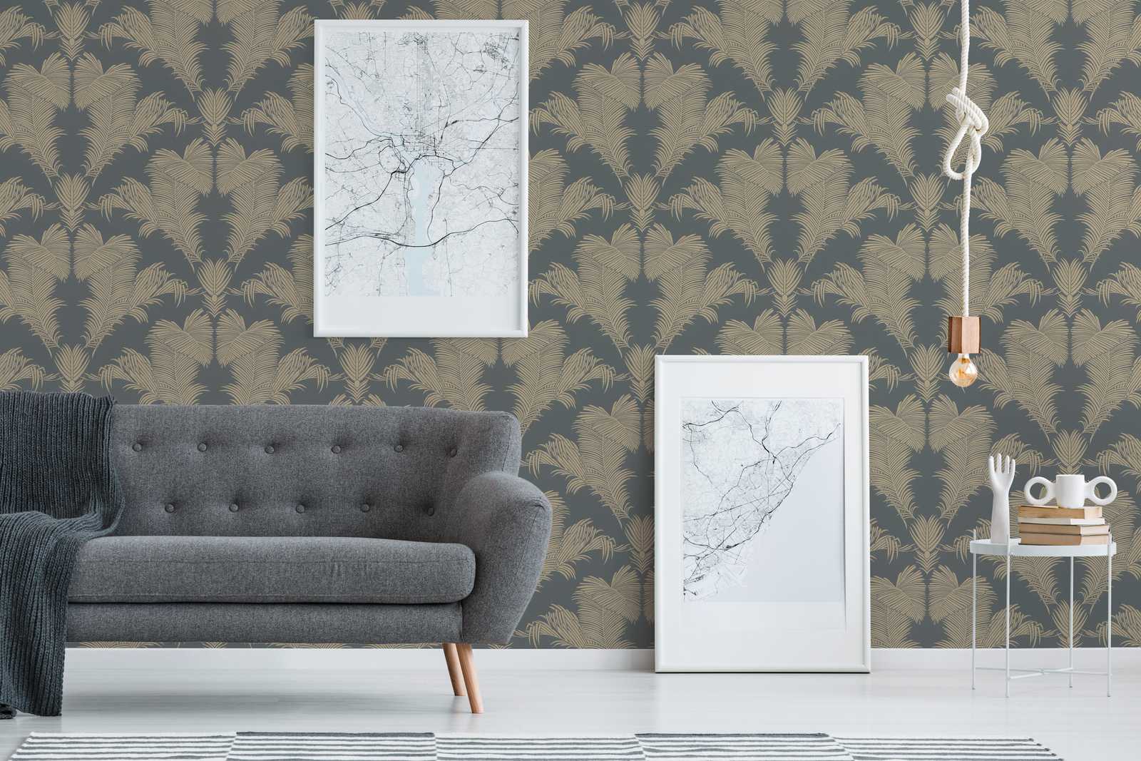             Palmenblätter Tapete Grau & Gold mit Struktur & Metallic Effekt
        