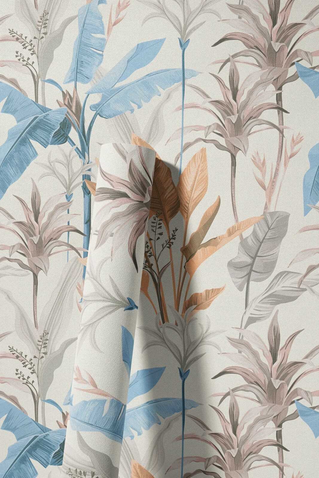             Detaillierte florale Vliestapete mit Blätter Muster - Blau, Grau, Creme
        