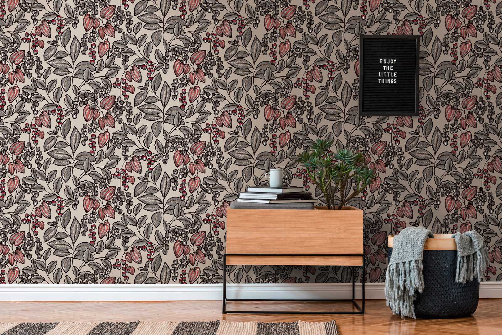            Tapete Greige modernes Blumen & Blätter Design – Braun, Grau, Rot
        
