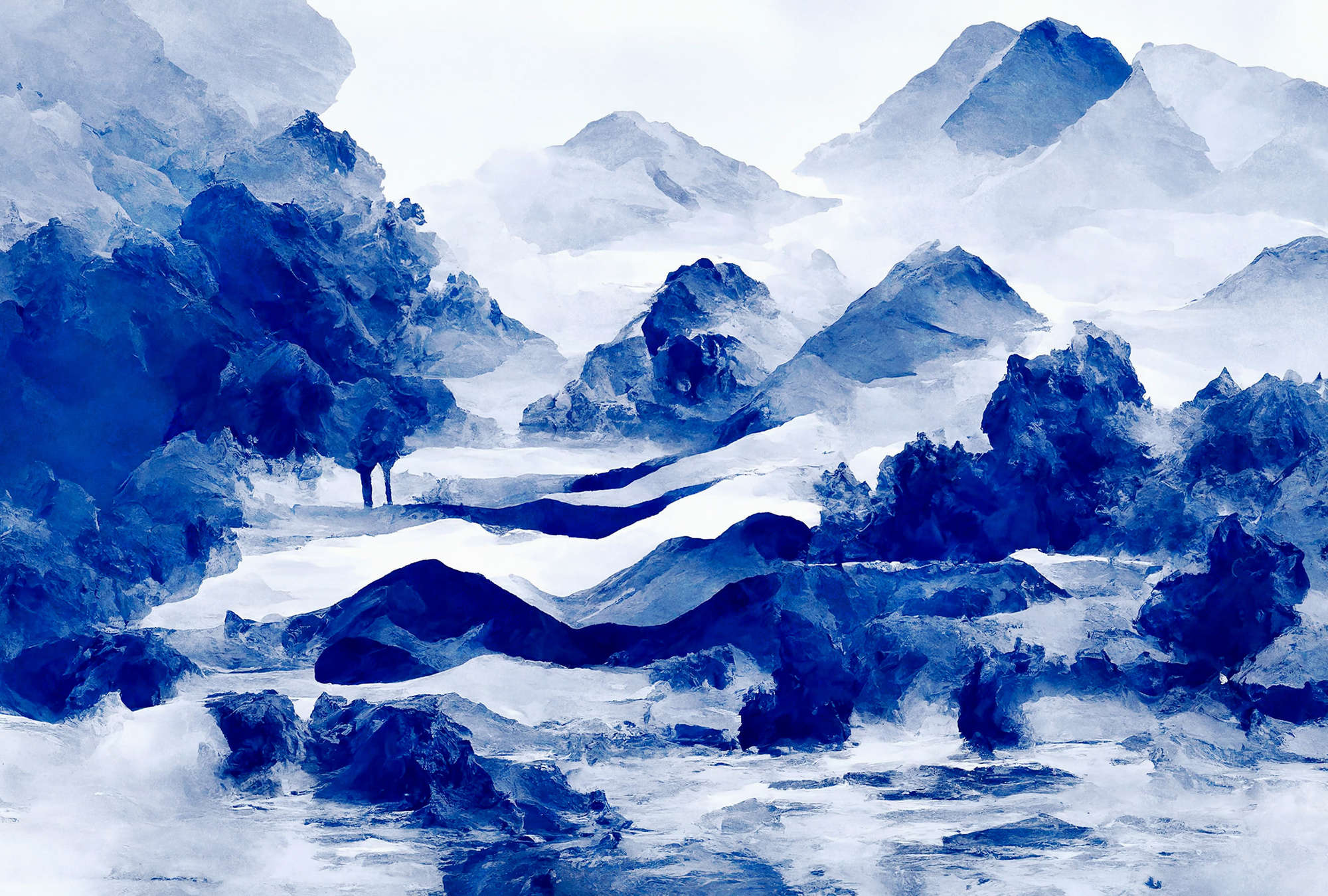             Fototapete »tinterra 3« - Landschaft mit Bergen & Nebel – Blau | Glattes, leicht glänzendes Premiumvlies
        