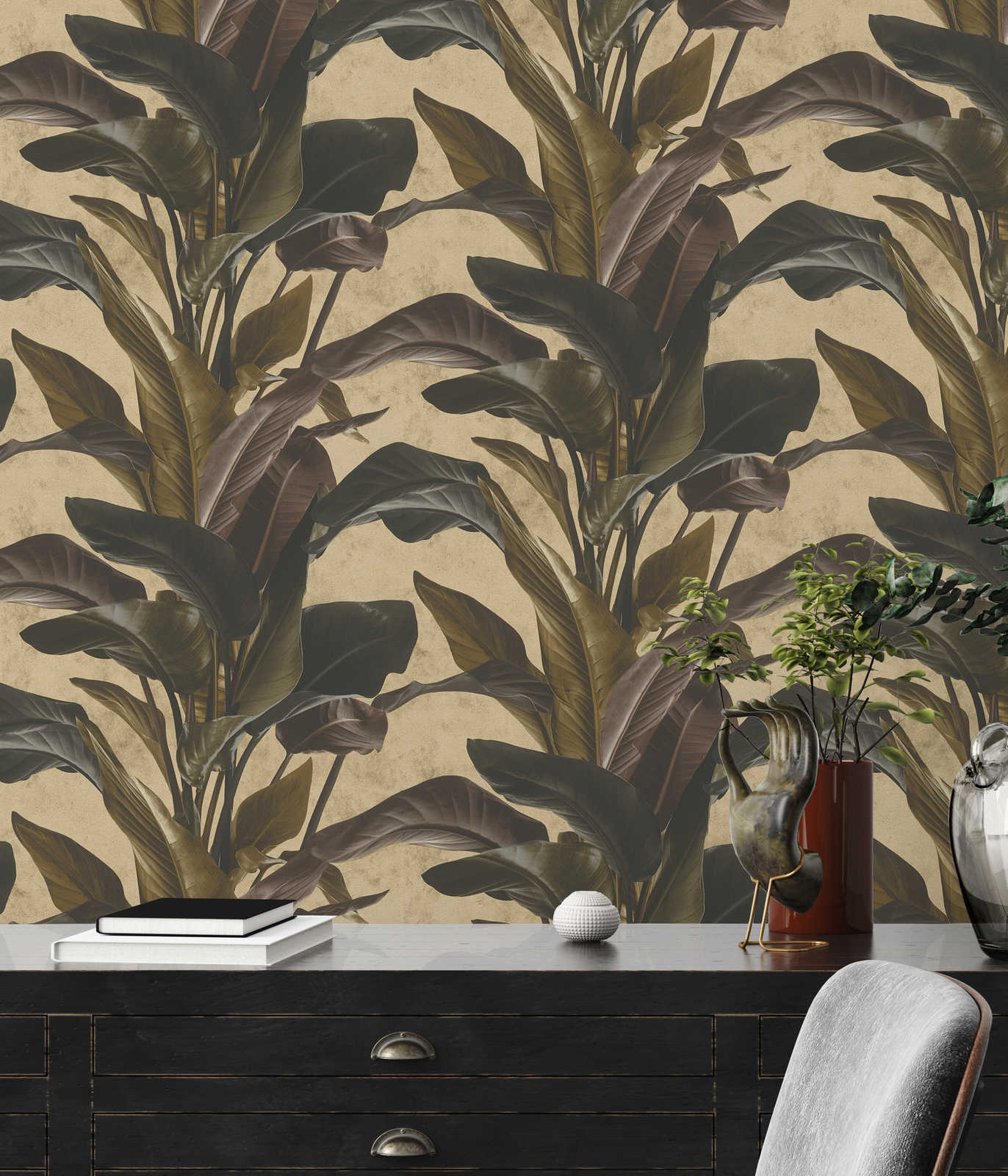             Behang met natuurlijk design & metallic glans - Bruin, Metallic, Zwart
        