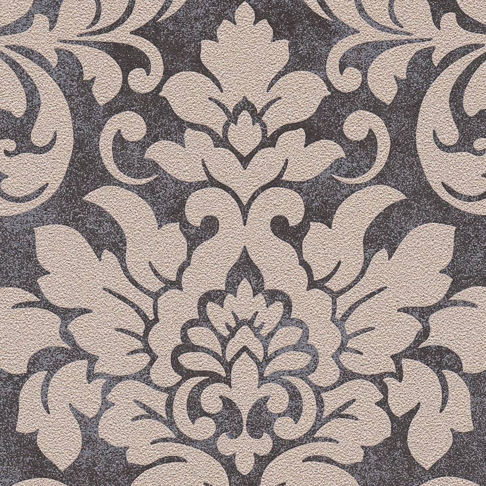             Florale Ornamenttapete mit Metallic-Effekt – Schwarz, Silber, Beige
        