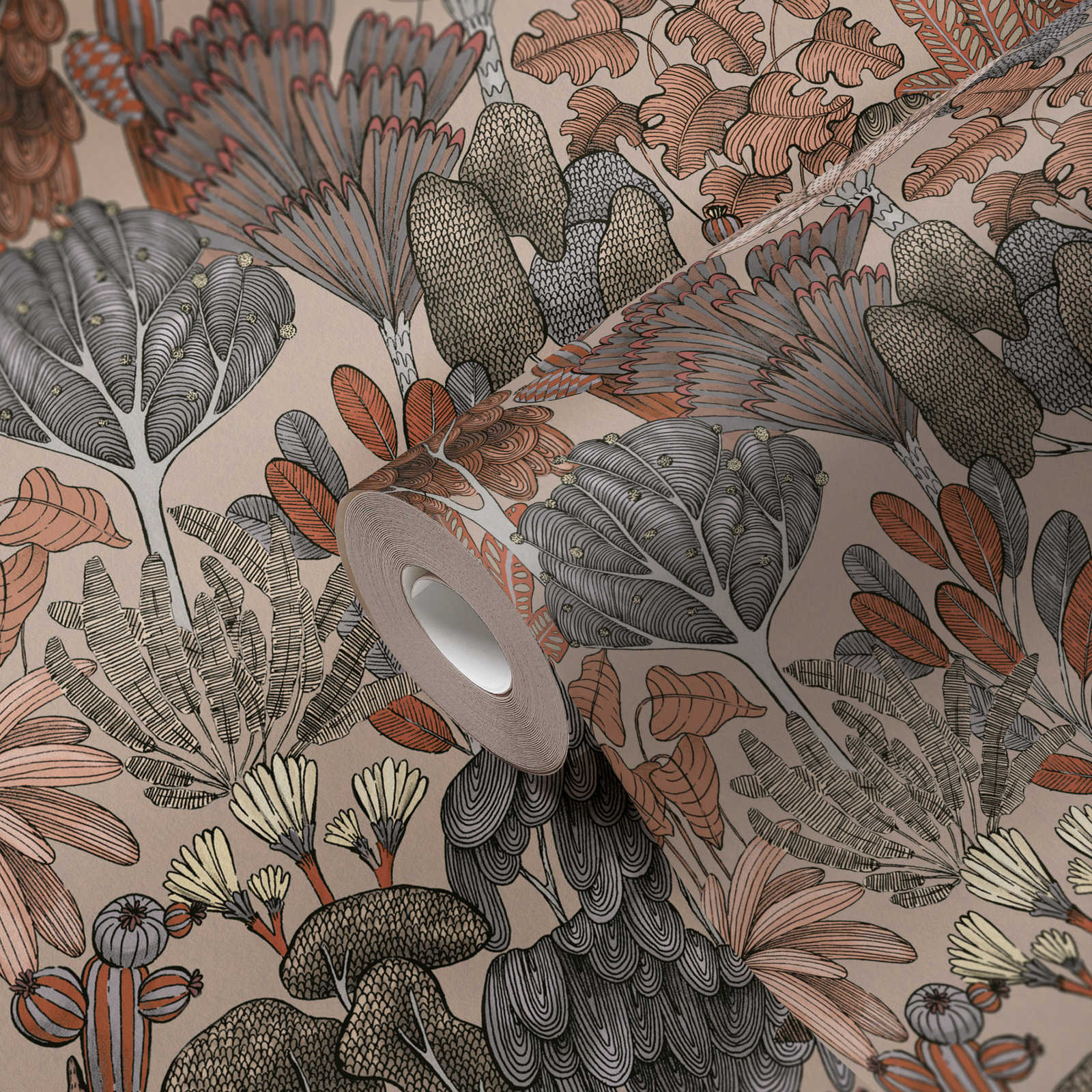             Tapete Braun Beige mit floralem Muster im Doodle Look – Beige, Rot, Orange
        