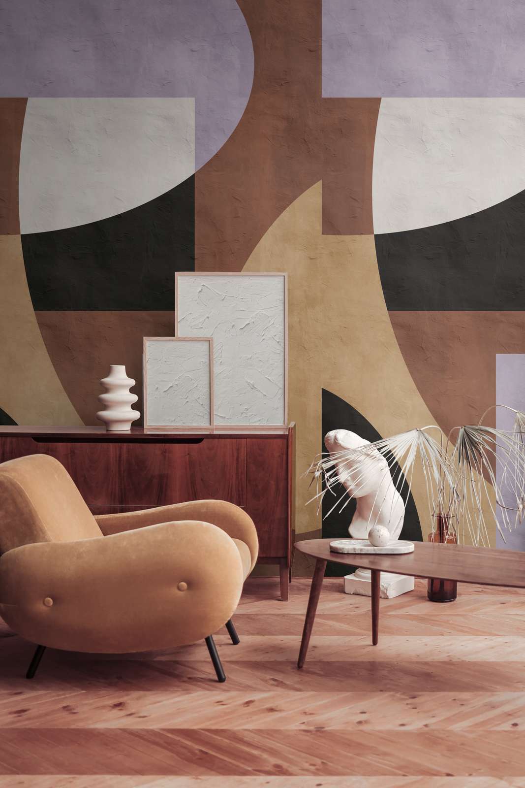 Grafische Bauhaus-Stil Vliestapete mit einer großflächigen Musterwiederholung – Braun, Beige, Schwarz