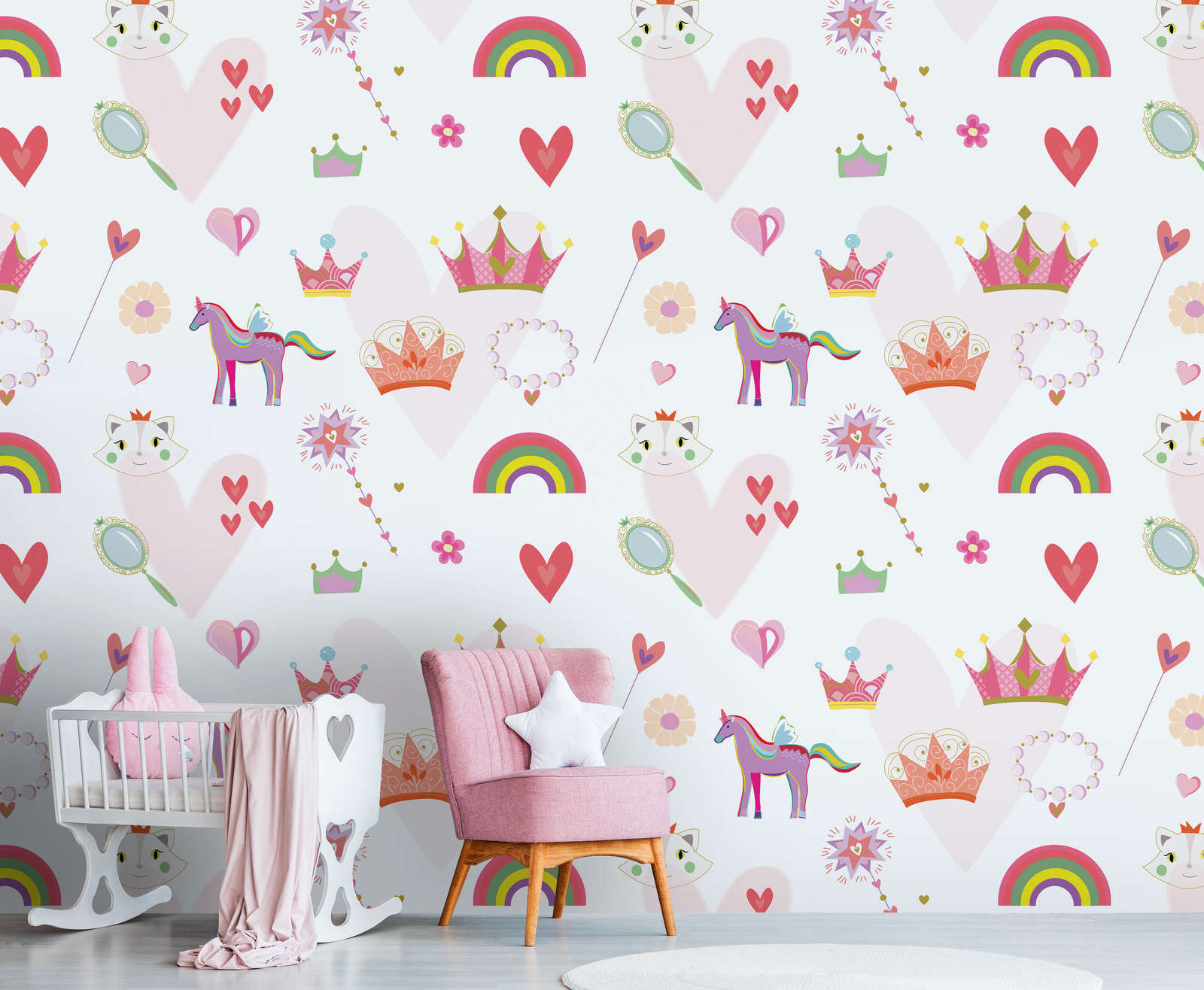             Kinder Tapete im Prinzessinnen Stil mit Herzen und Tieren – Bunt, Rosa, Weiß
        