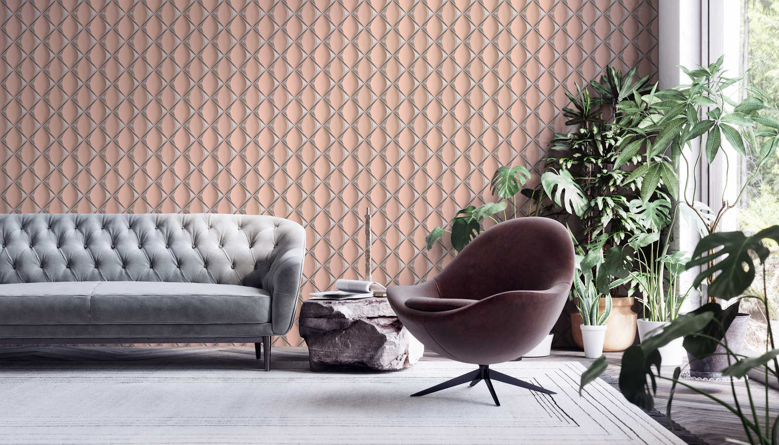             Design Tapete 3D mit Metallic Rauten Muster – Rosa, Metallic
        