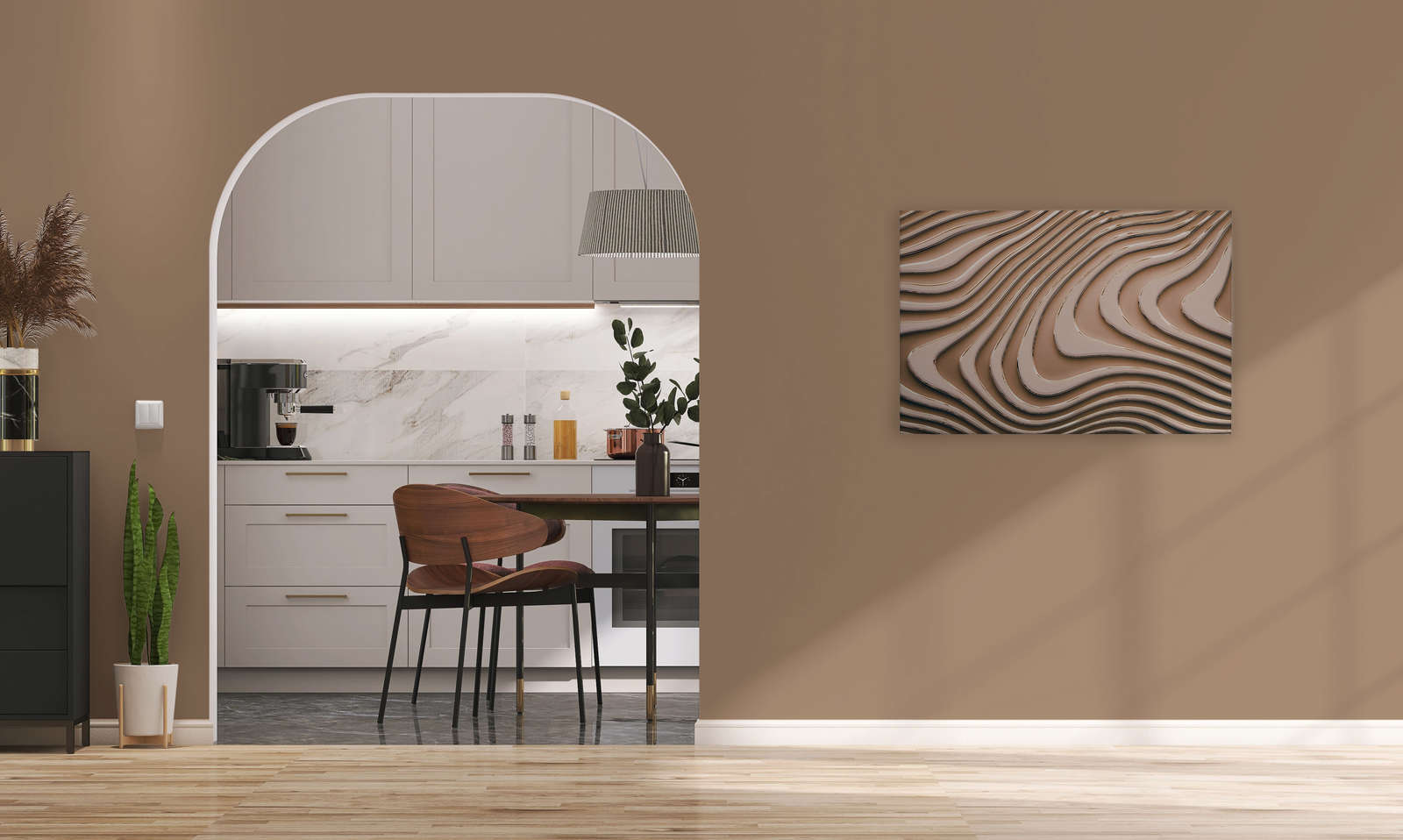             Leinwandbild mit wellenförmigen Linien und Schatten | beige, braun – 0,90 m x 0,60 m
        