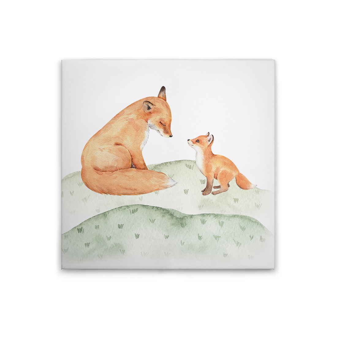             Leinwandbild Fuchs und Jungtier - Liebevolles Naturmotiv für Kinderzimmerdekoration – 30 x 30 cm - Braun, Grün
        