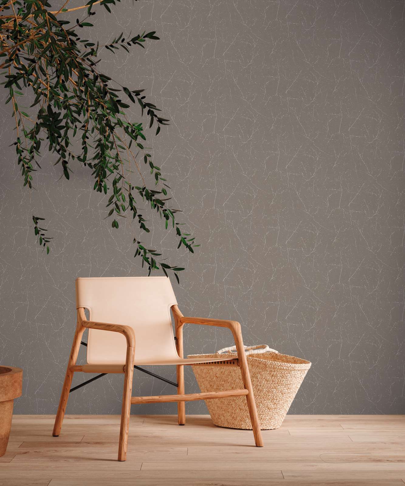             Florale Vliestapete mit Astmuster – Braun, Weiß
        