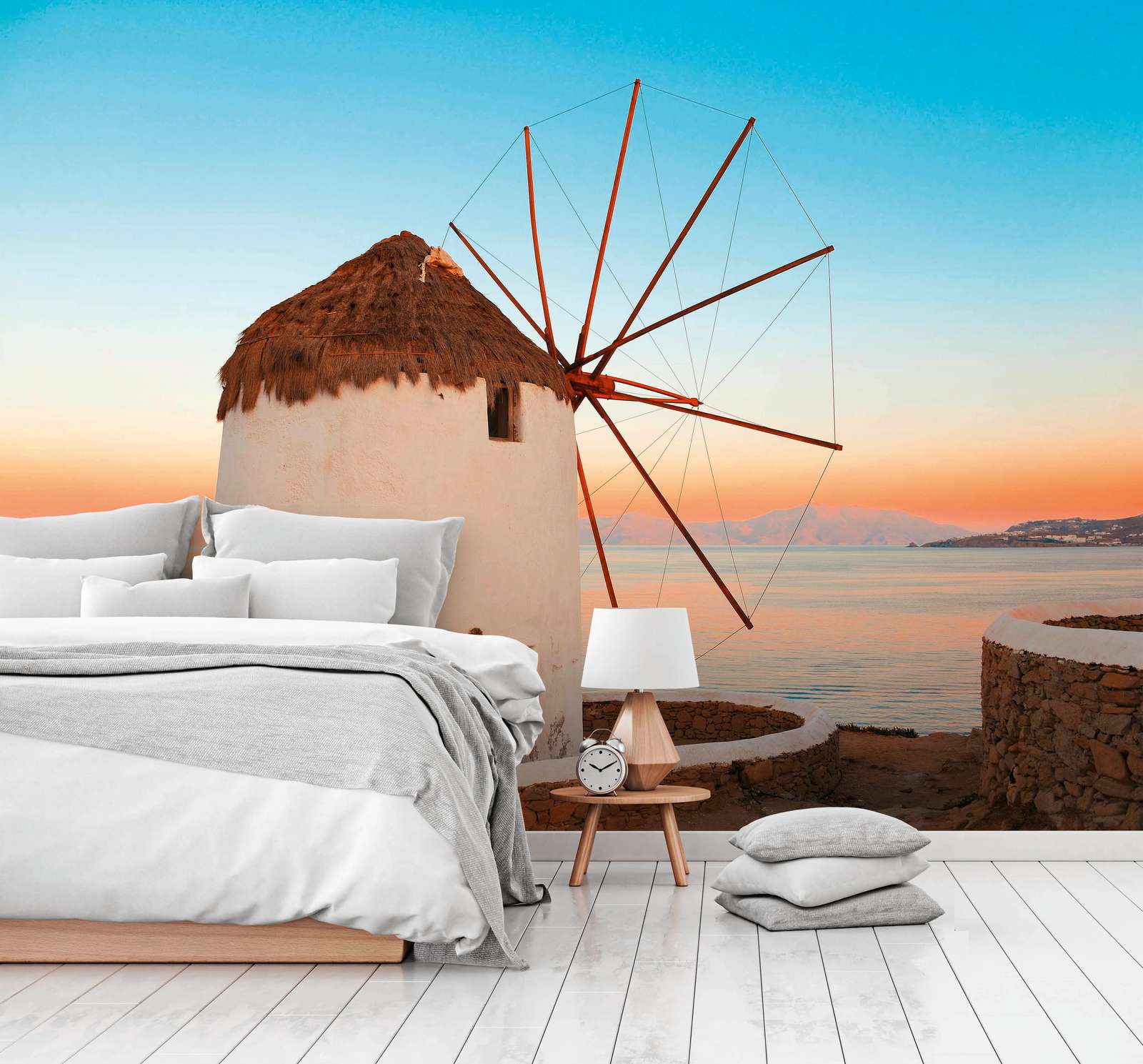bett, bettzimmer, wandmural, windmuehle, meerblick