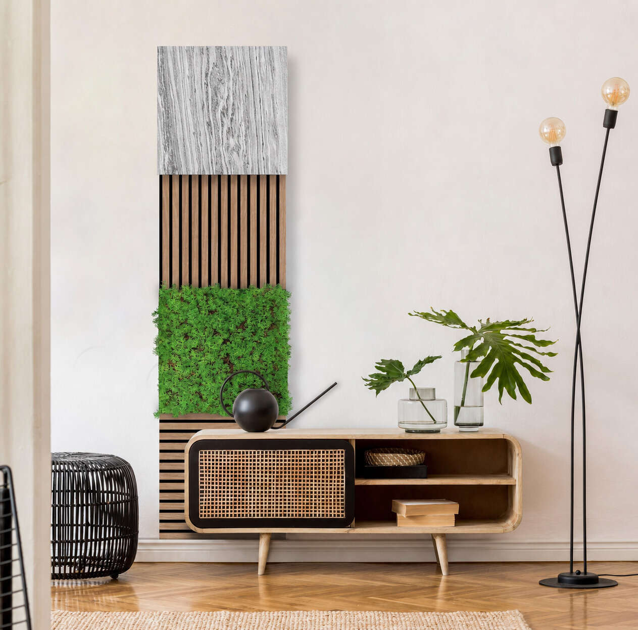 möbel, tv-lowboard, holz, grünpflanze, metalldruchen