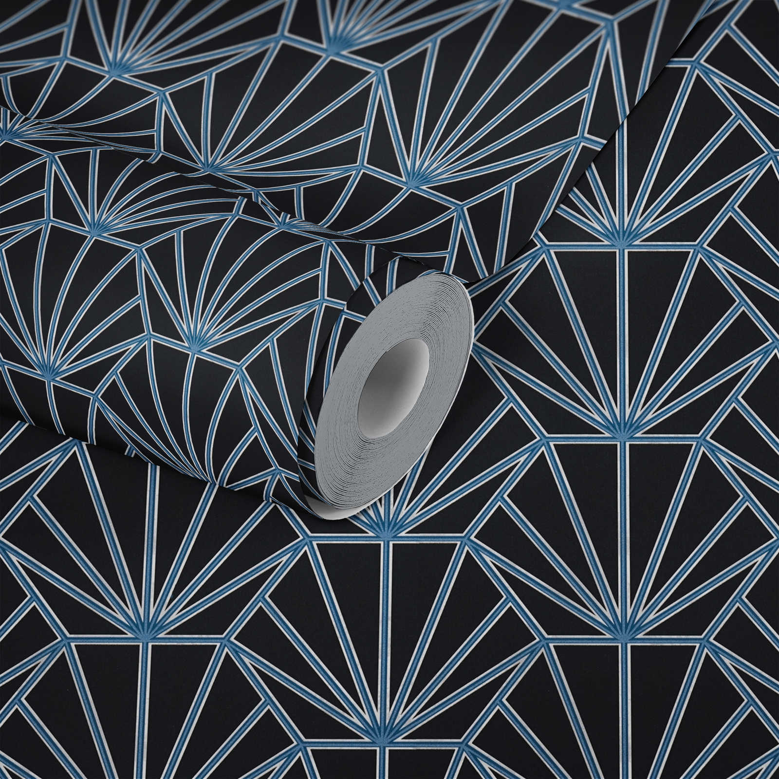             Art Déco Tapete gemustert im Retro Look – Schwarz, Blau, Weiß
        