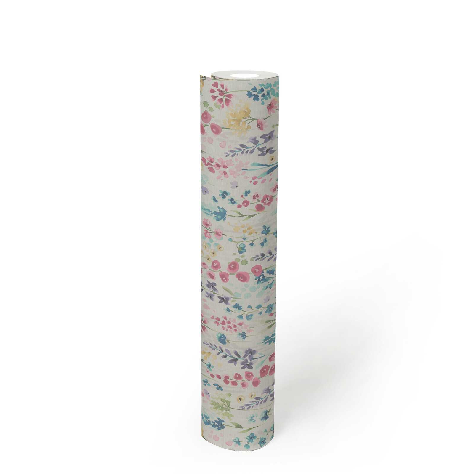 Bunte Blütenwiese-Tapete im Aquarelldesign – Bunt, Weiß, Pink