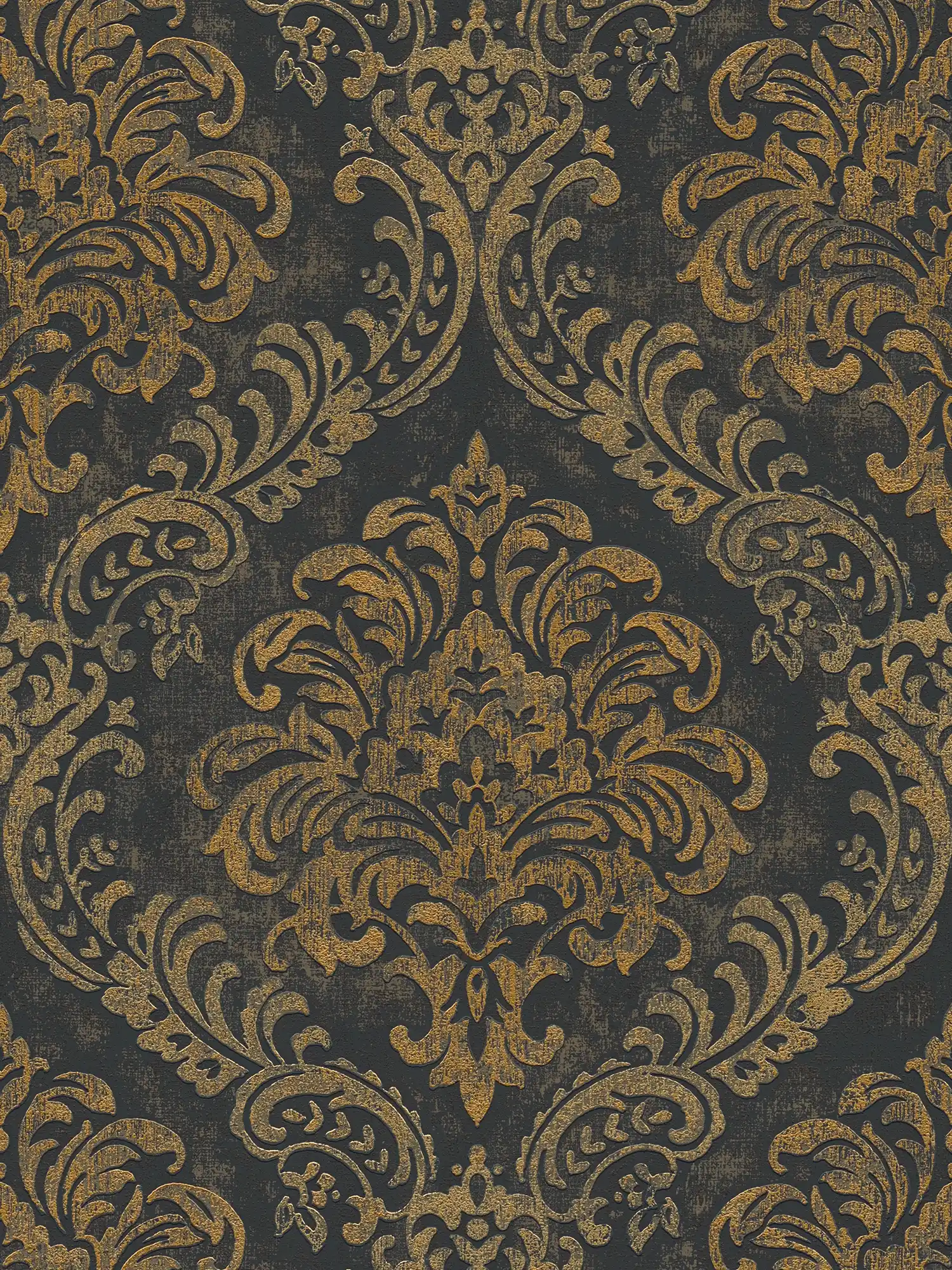         Non-woven wallpaper with baroque ornaments & metallic used look - black, gold
    