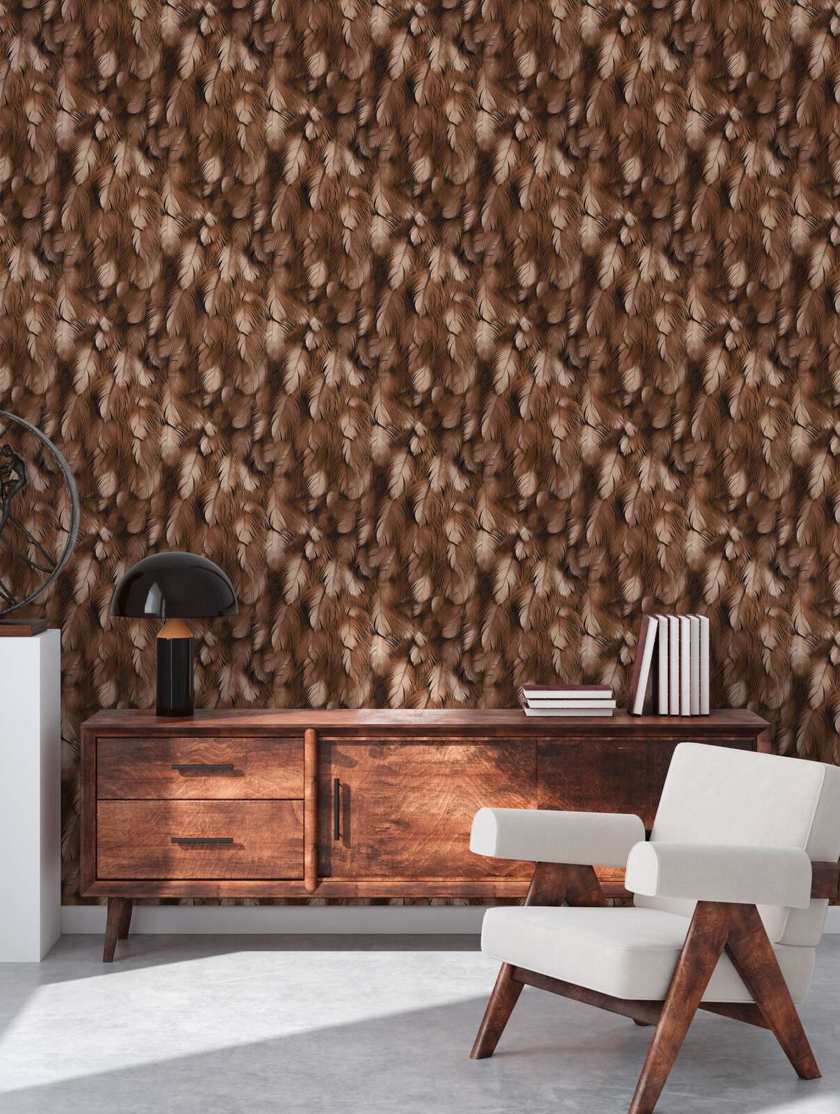             Luxuriöse Vliestapete mit elegantem Feder-Motiv im 3D Look – Kupfer, Orange
        