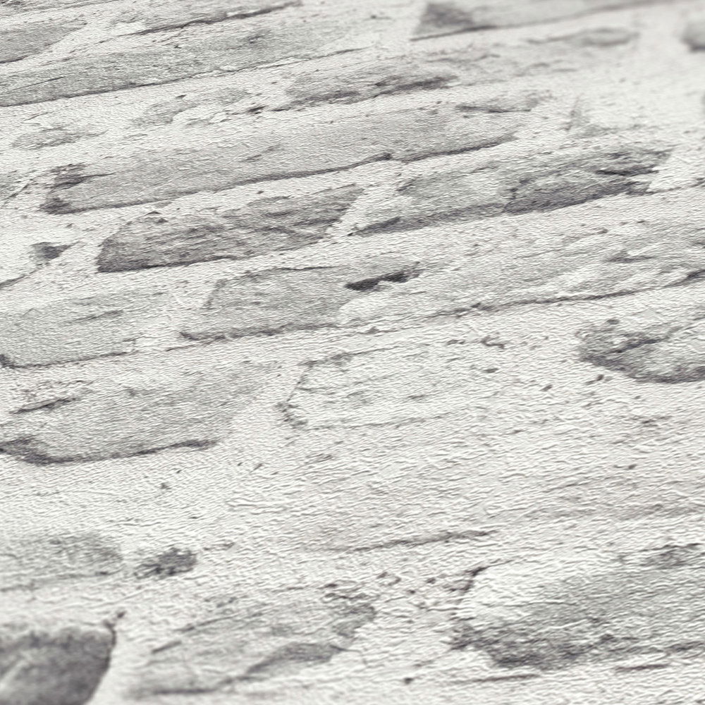             Steinoptik Tapete mit 3D Mauerwerk – Grau, Weiß
        