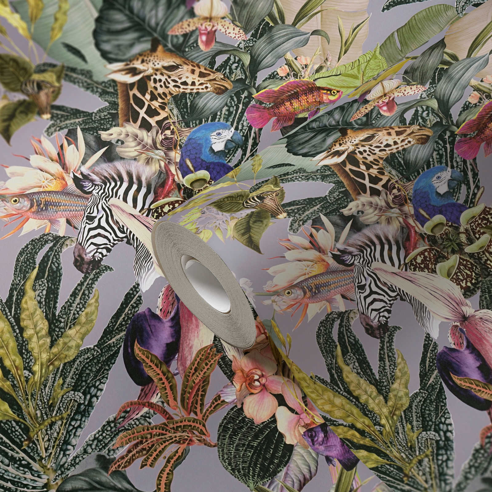 Natur Tapete mit Blumen &amp; Tieren – Grau, Grün
