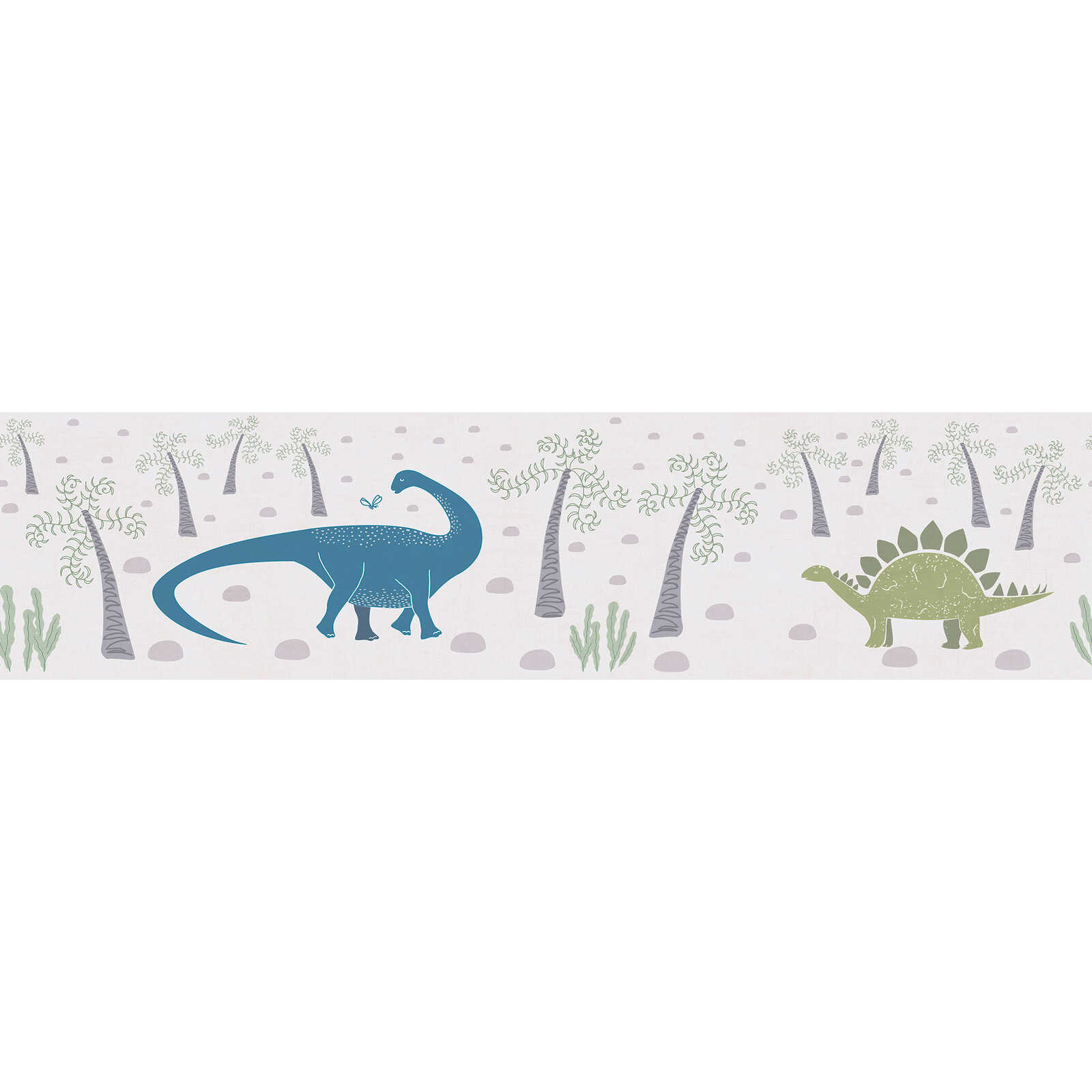         Kinderkamerborder met dinosaurussen en vulkanen - Avontuurlijk ontwerp voor kleine ontdekkingsreizigers - blauw, kleurrijk, groen
    