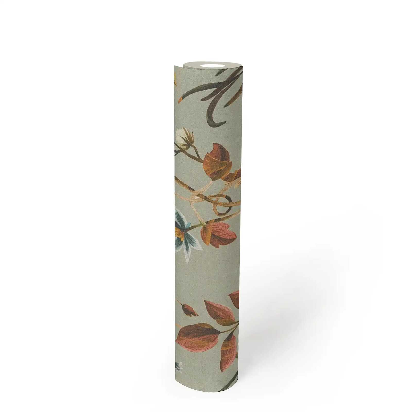             Romantic floral non-woven wallpaper with filigree leaf design, fine surface texture - grey, orange
        