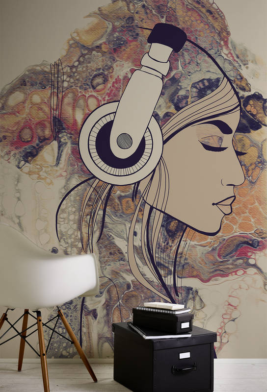 kopfhörer, kunstwerk, wandmalerei, stilisiertes-porträt, schreibtischzubehör