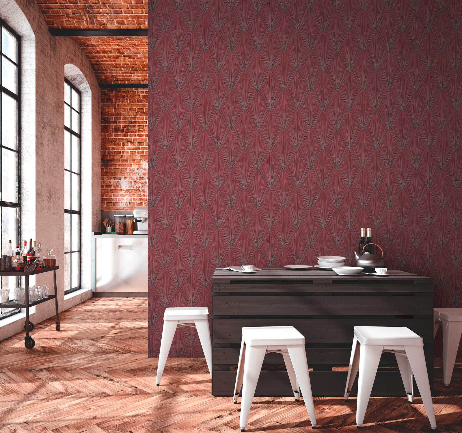             Behang met modern Art Deco patroon & metallic effect - metallic, rood, zwart
        