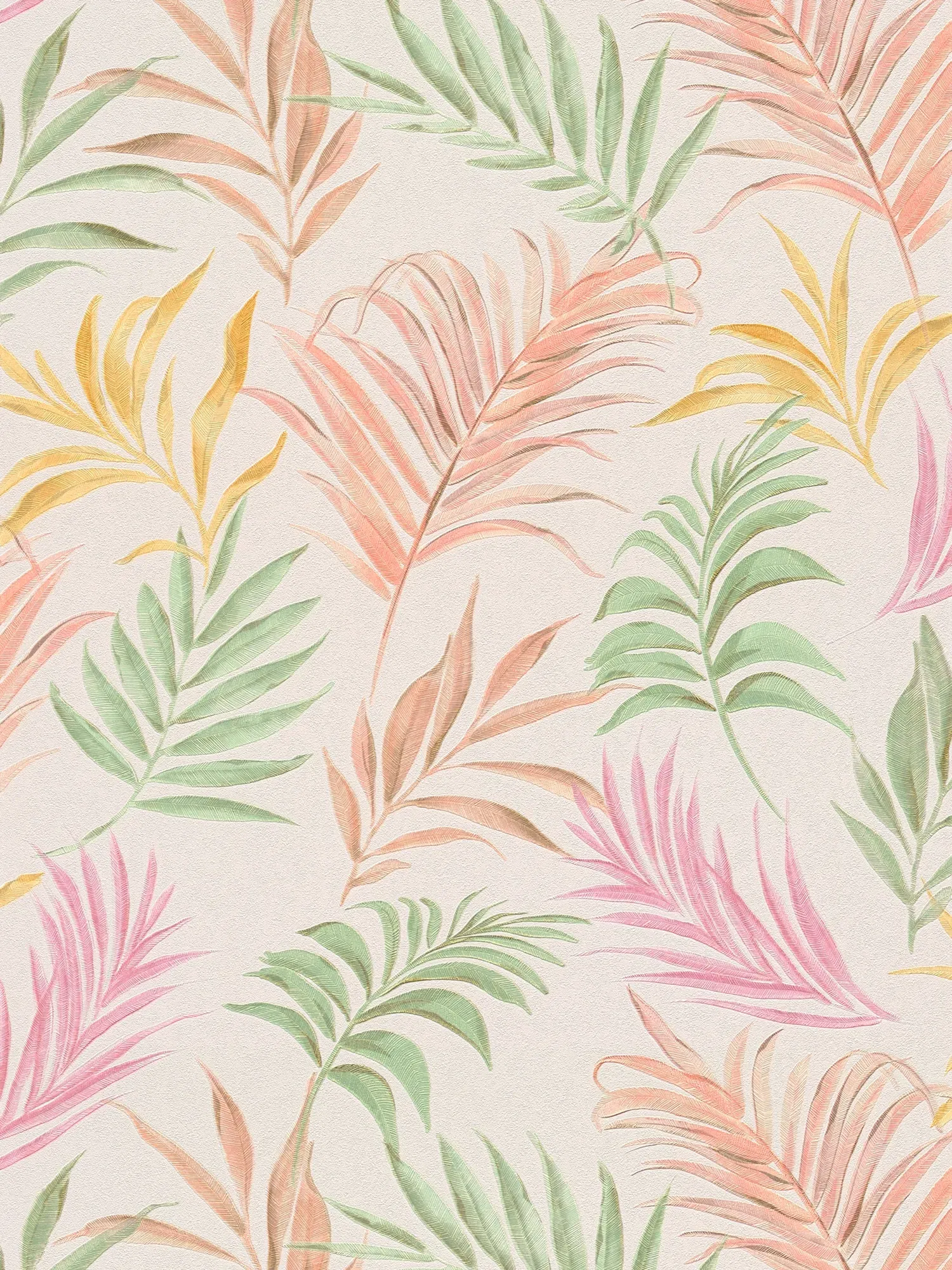 COSMOLiving - textured non-woven wallpaper with exotic palm tree pattern in fresh colours glossy - white, green, pink