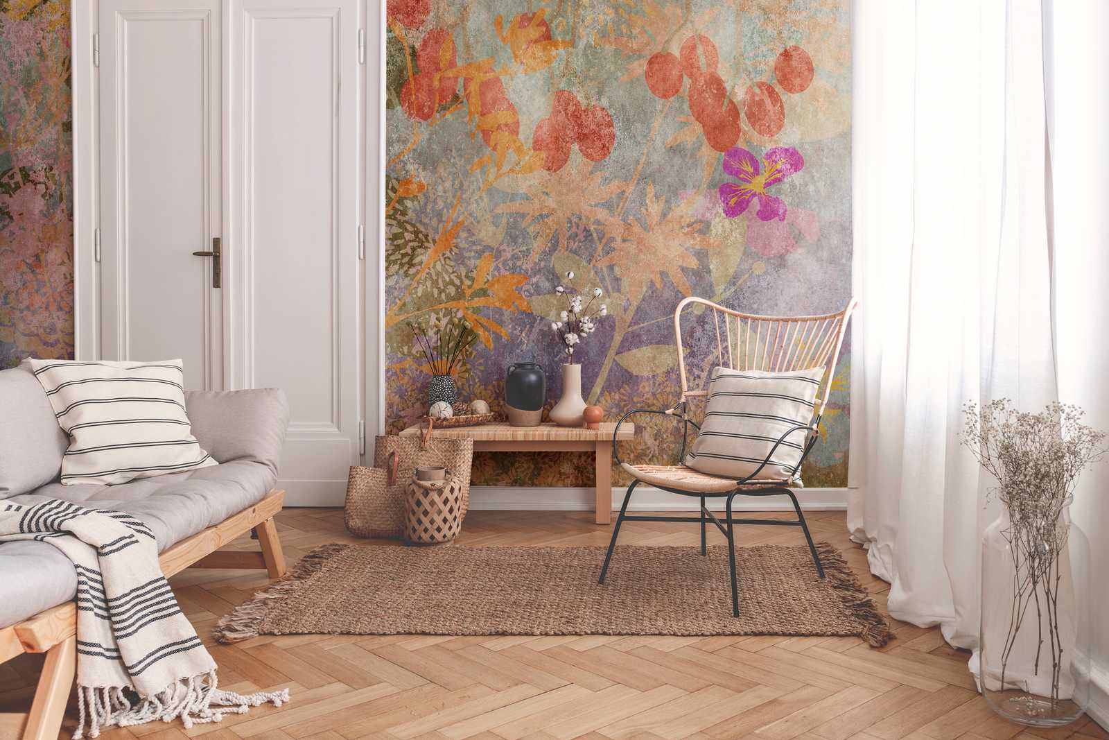 wohnzimmer, wandbild, pflanzenmuster, teppich, möbel