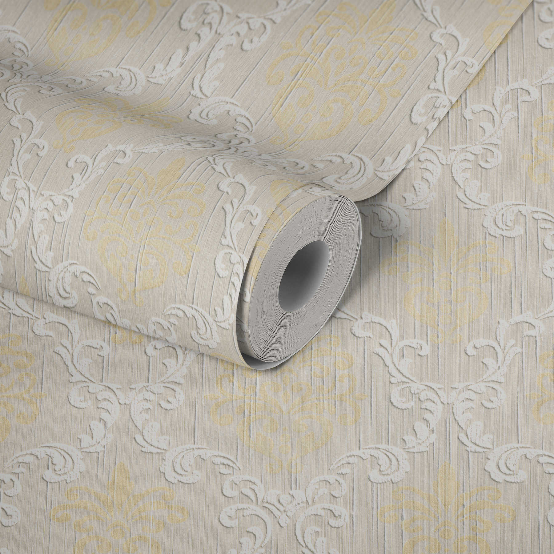             Klassische Ornament-Tapete mit Struktureffekt – Beige, Metallic
        