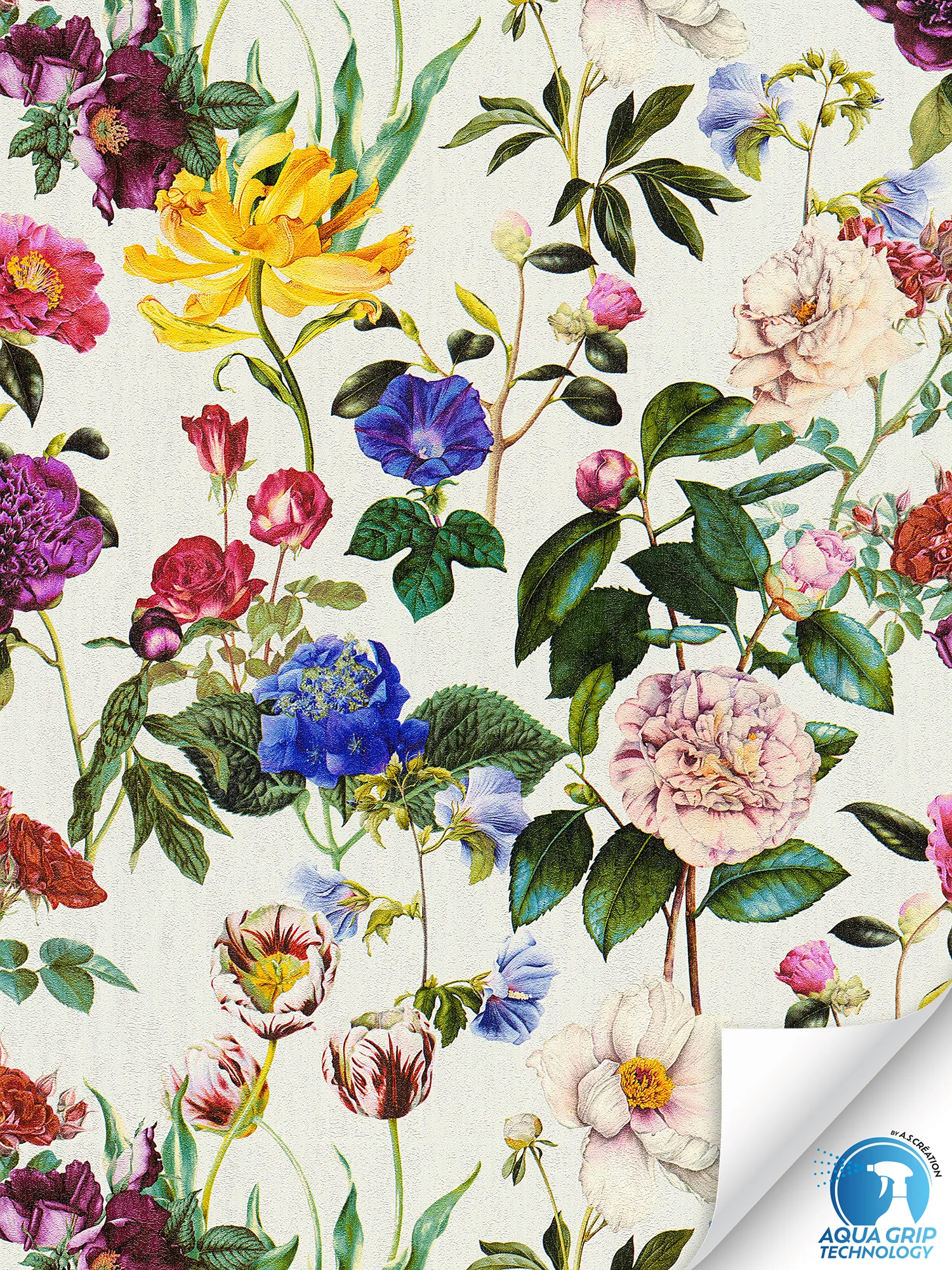 Lebhafte Blumen-Vliestapete im Vintage-Stil, leicht strukturiert – Water. Fix. Ready. – Bunt, Grün, Gelb