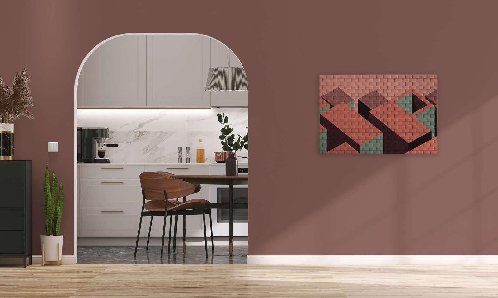             Leinwandbild Ziegelsteinmauer mit Block-Bemalung | rot, pink, grün – 0,90 m x 0,60 m
        