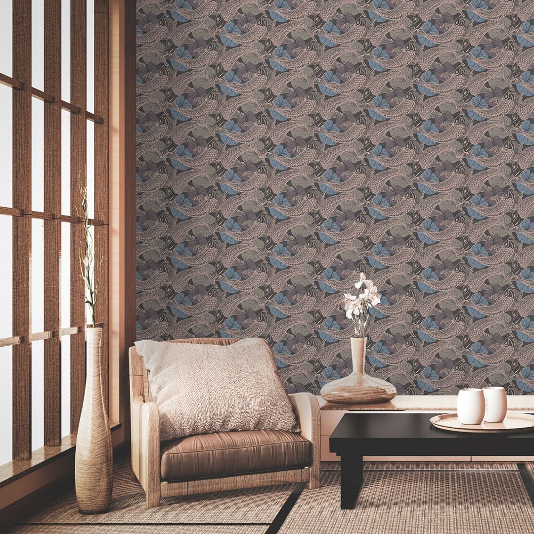 Dunkle Tapete hinter sonnendurchfluteter Glaswand AS378594