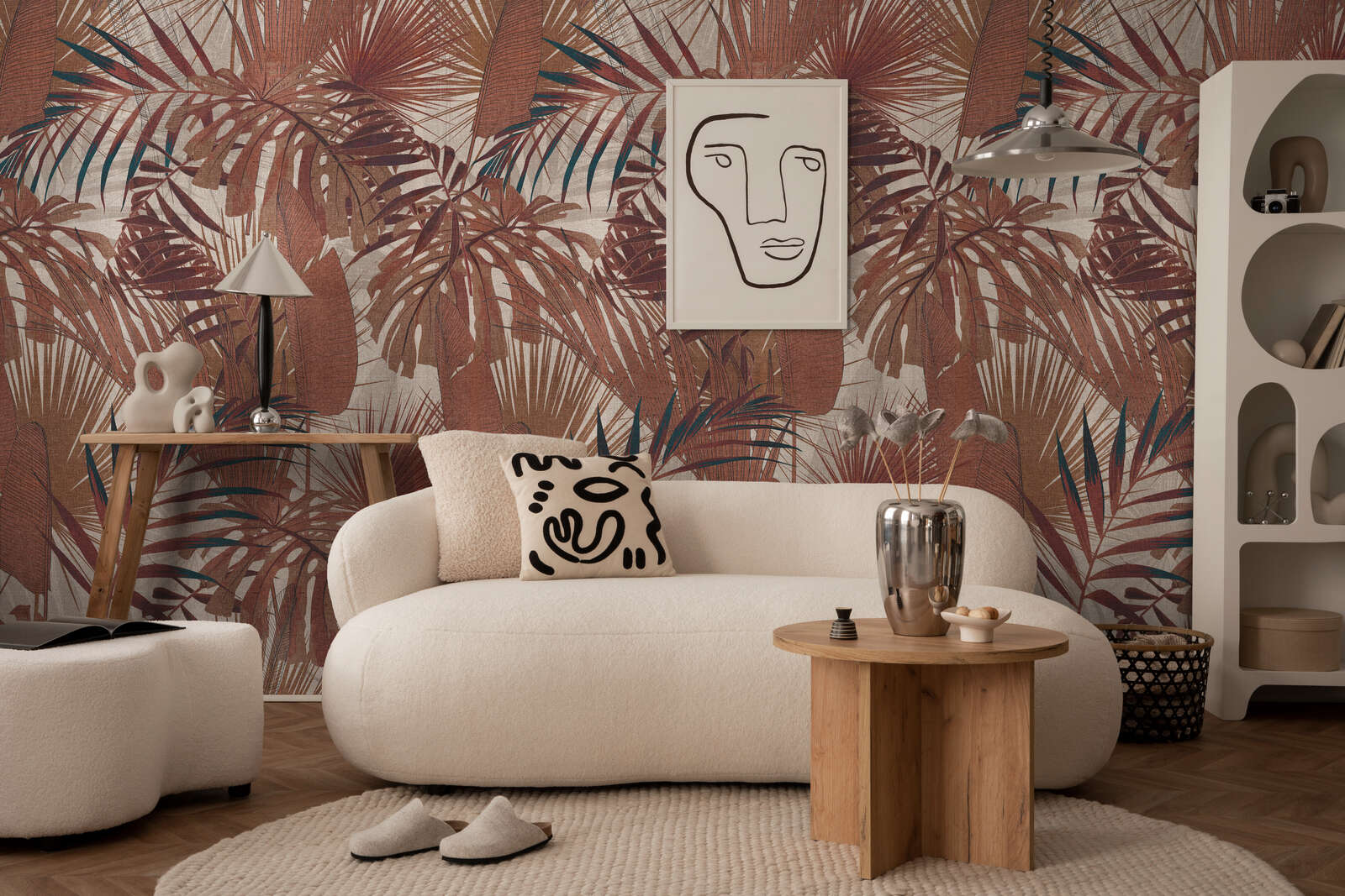 sofa, armlehnstuhl?, couchtisch, wandtapete, dekokissen