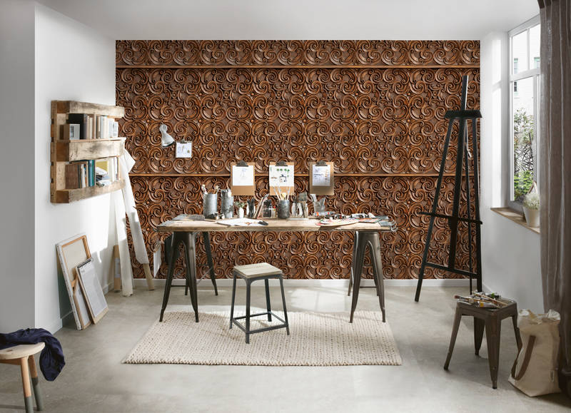             Edle 3D Fototapete in Vliesoptik – Ornamentales Wanddesign aus Holz – Braun
        