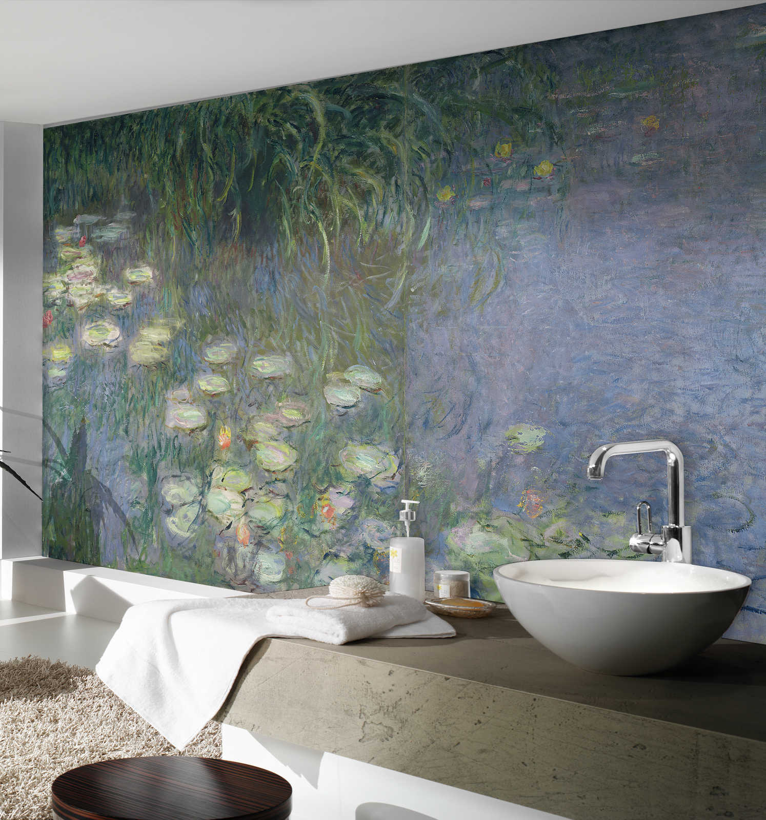 tapezierte wand, wasserlilie wandbild, badwand dekoration, vaschen seife flasche, waschbereich sumpf grün蓝