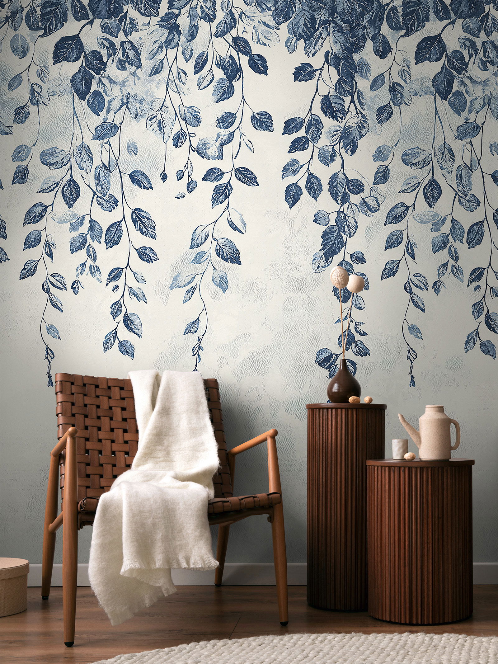 COSMOLiving - motif wallpaper with hanging flower branches in blue - Hanging Garden - blue, cream, white