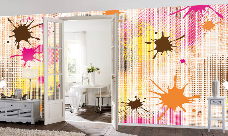 Wandtapete, Spritzer-Muster, bunte Akzente, Wohnzimmer, Lebendige Muster