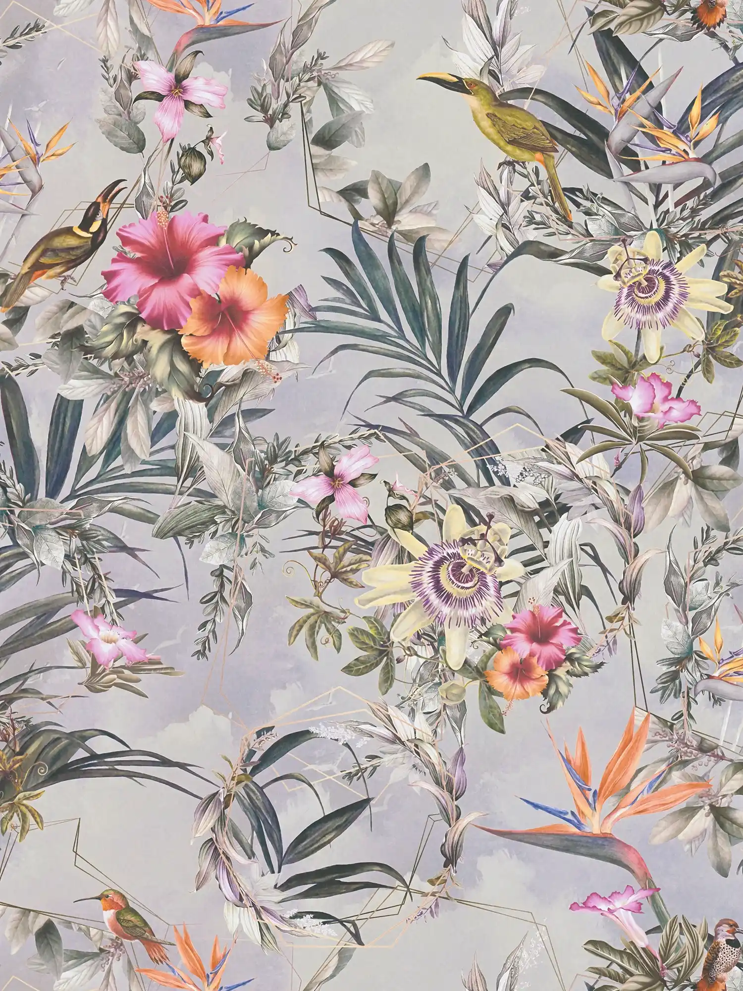 Flowers wallpaper exotic flowers & birds - grey, green, pink