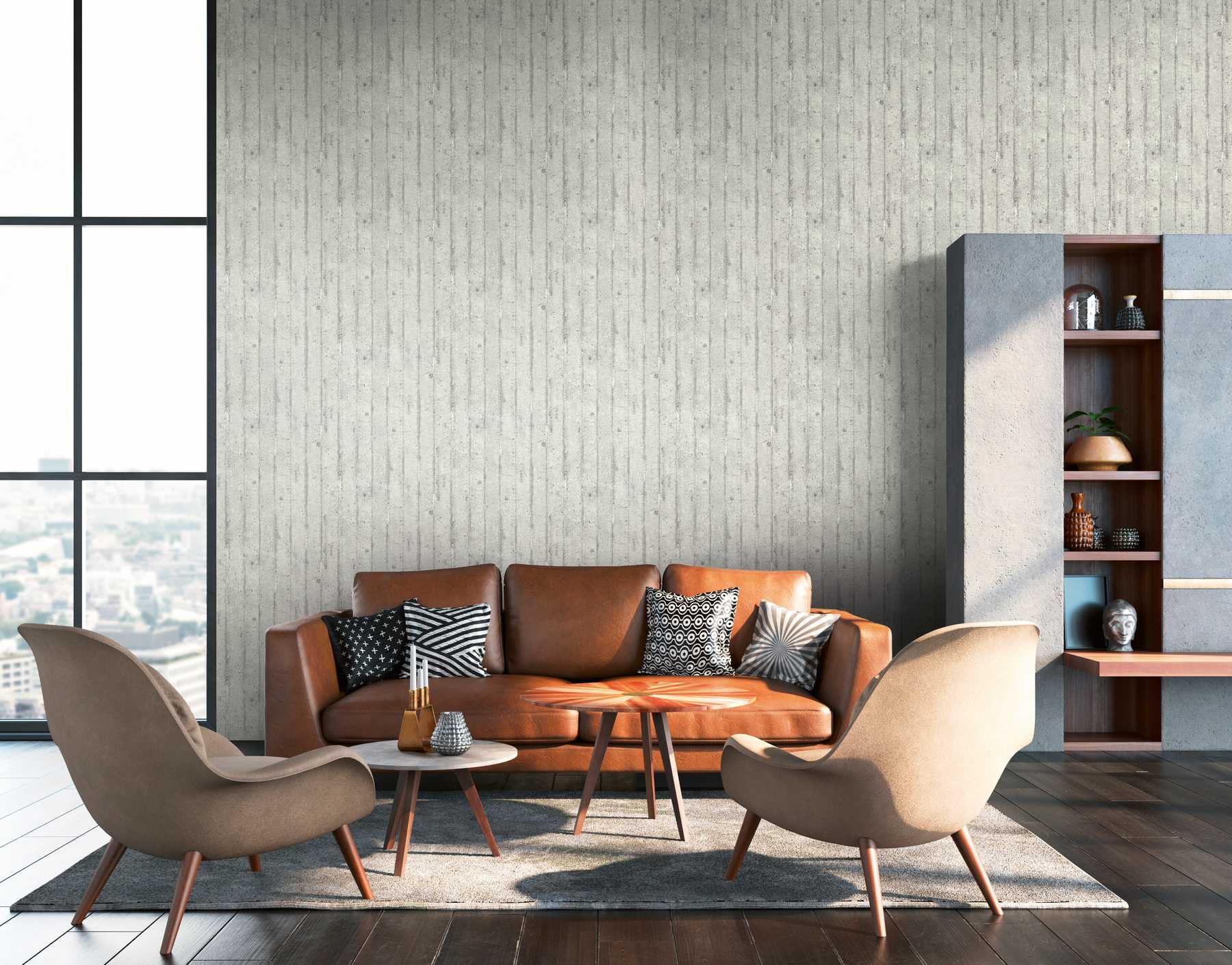             Betonlook behang, ruwe bekisting beton - grijs
        