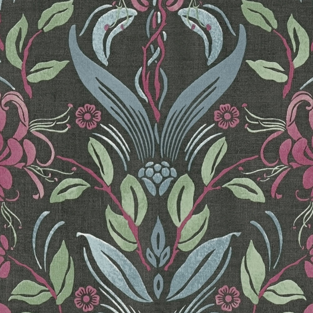             Verspielte Blumentapete mit Vögeln – Schwarz, Pink, Blau
        