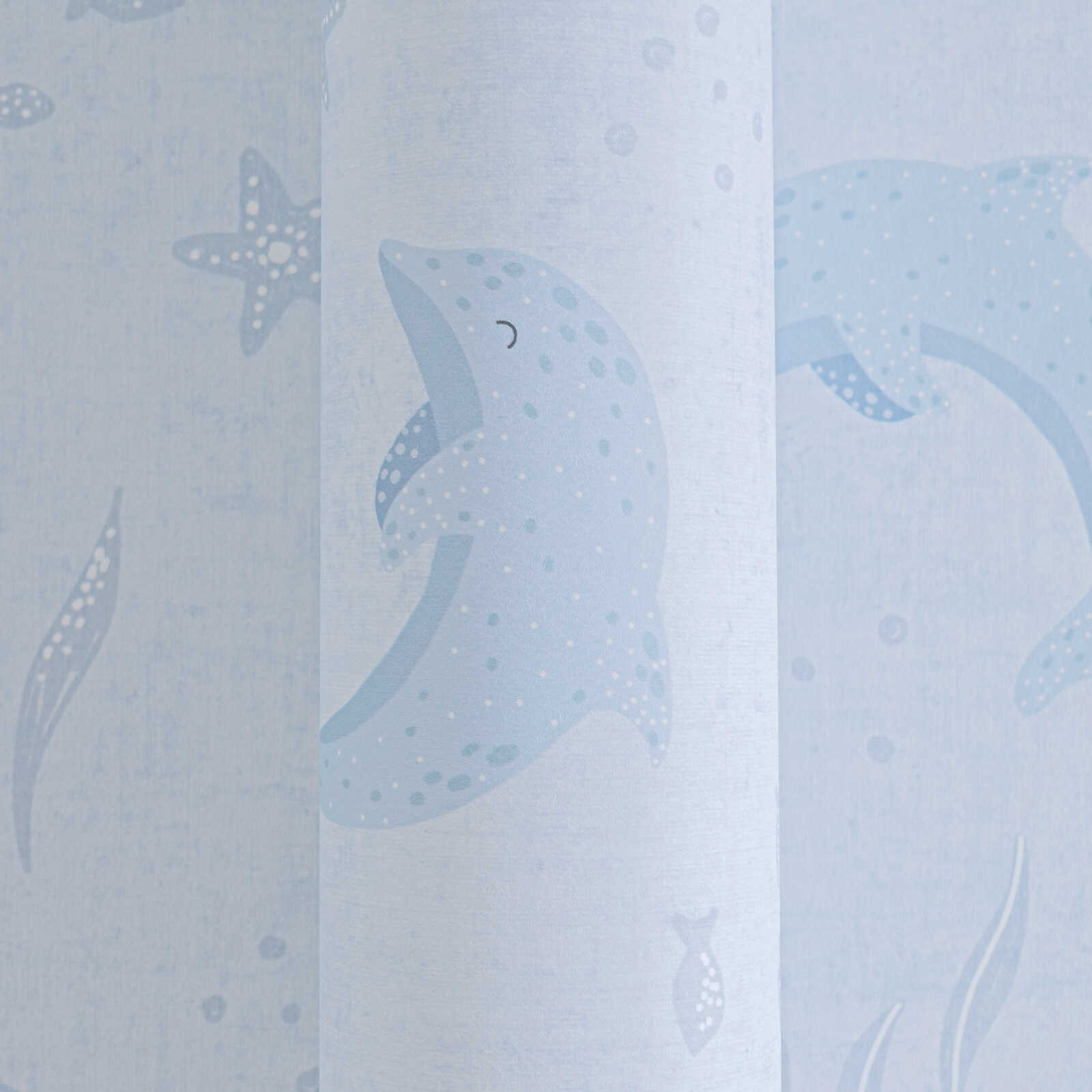             Kinderzimmer Vliestapete Unterwasserwelt - spielrisches Meeresmotiv mit Delfinen und Seesternen – Blau, Weiß
        