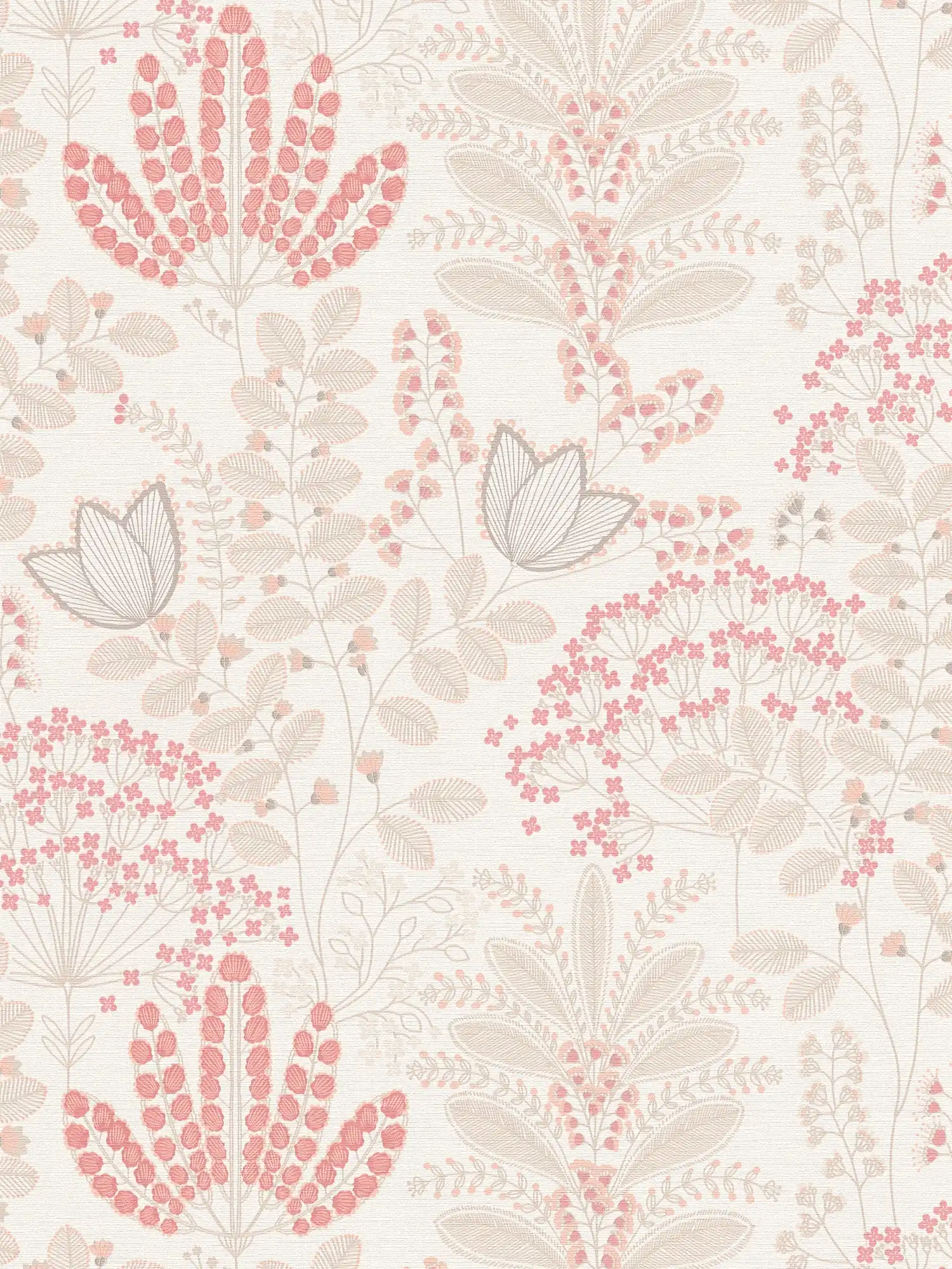 Florale Tapete mit Blättern im Retro-Design leicht strukturiert, matt – Weiß, Taupe, Rosa