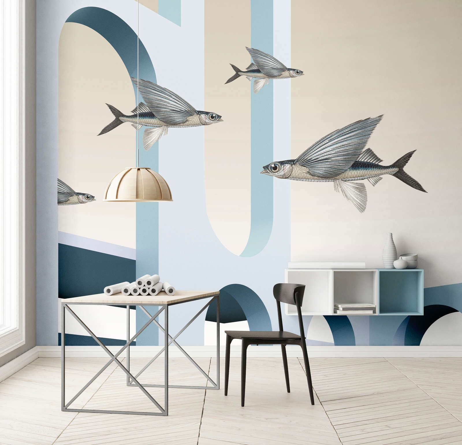             styx – Fototapete mit abstrakter 3D-Architektur und fliegenden Fischen – Glattes, leicht glänzendes Premiumvlies
        