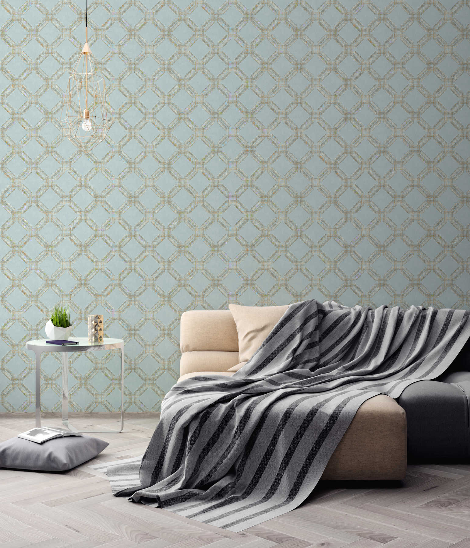             Geometrische Strukturtapete mit Rauten-Optik – Blau, Gold, Grün
        