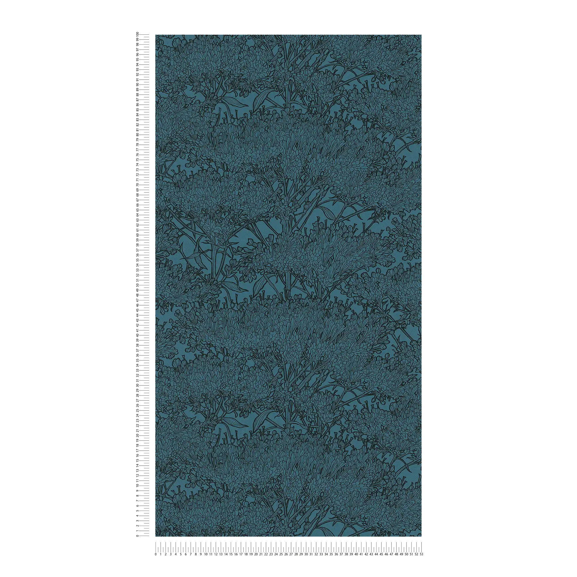             Petrolfarbene Blumentapete mit schwarzen Konturen – Blau, Schwarz
        