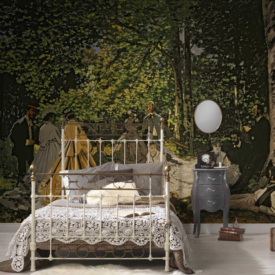 Bett, Bettgestell, Spitzenbettdecke, Nachttisch, Wandtapete
