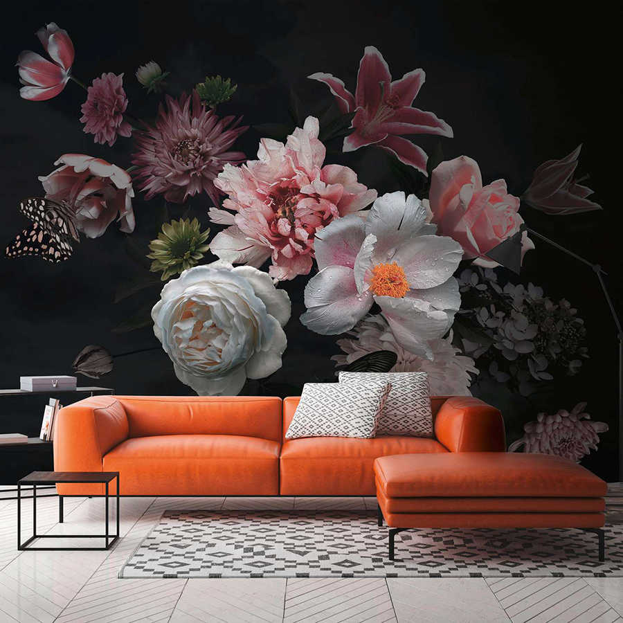 Sofasofa, Orangene Couch, Lounge-Sitzgruppe, Blumenwand, Wohnzimmerteppich
